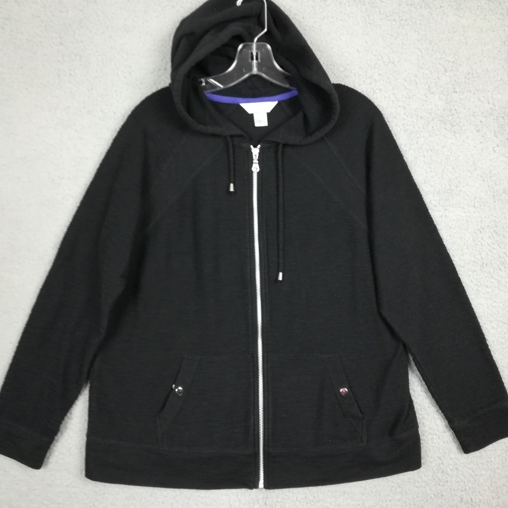 Christopher & Banks Womens Hoodie Sweatshirt Black Textured Knit Full Zip L